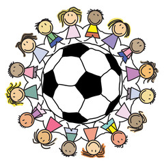 Kids  soccer - group children on football / globe illustration