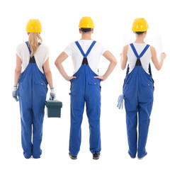back view of man and two women in builders uniform isolated on w