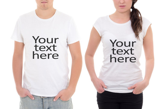 man and woman showing t-shirts with "your text here" isolated on