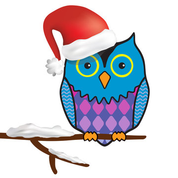 illustration of funny christmas owl sitting on a tree branch