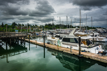 Boats in a marina on the waterfront in Olympia, Washington.
