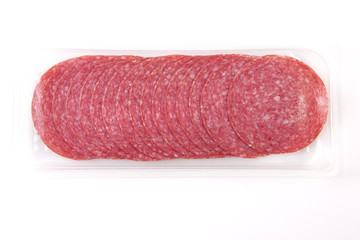 Sliced salami on the package