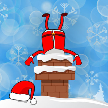 Santa Stuck In Chimney On A Blue Snow Winter Background