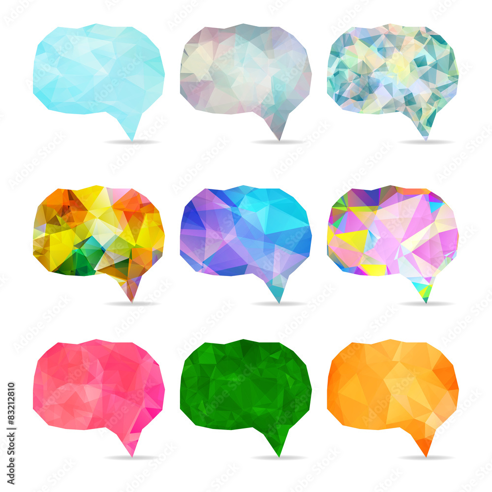 Poster collection of abstract colorful triangular geometric speech bubb