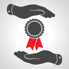 two hands protecting badge with red ribbons icon - vector illust