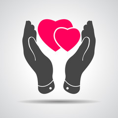 two pink hearts icon in careful hands - vector illustration