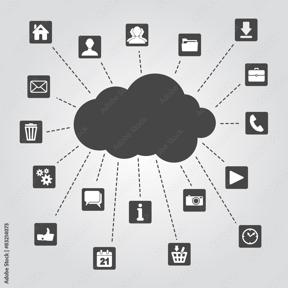 Poster abstract cloud computing with social networks icons on a gray ba