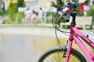 Pink bicycle around a pond with group of girls behind vacation