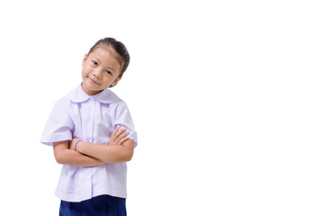 Asian kids cute girl in student's uniform on white background