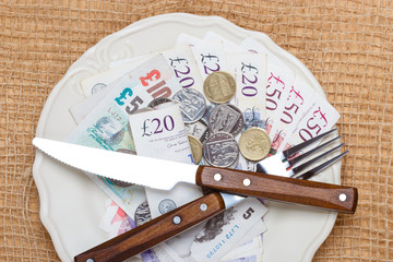 British money on kitchen table, coast of living