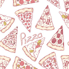 Cotton fabric Hand drawn different pizza slices seamless pattern