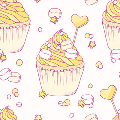 Hand drawn banana cupcake seamless pattern