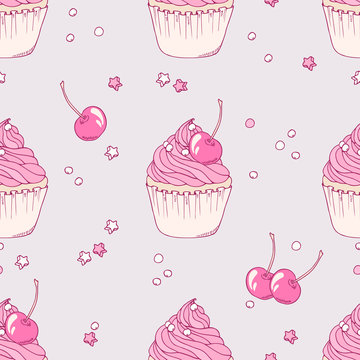 Hand drawn cherry cupcake seamless pattern