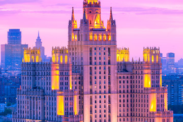 Stalin skyscraper building in Moscow center at violet sunset