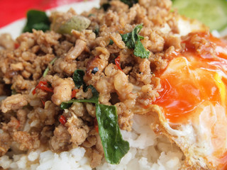 Stir-fried minced pork with holy basil and steamed rice