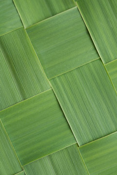 Close-up diagonal pattern of woven grass leaves