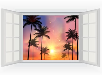 Beautiful sunset with palm trees of opened window view