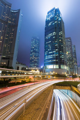 Fototapeta na wymiar Hong Kong Business District at Night Light Track