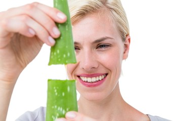 Attractive woman snapping aloe vera leaf 