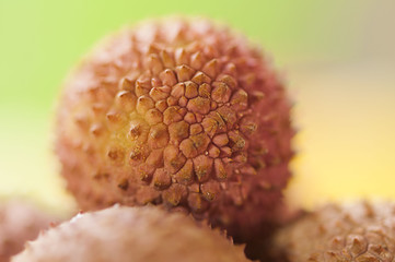 Closeup on a lychee. Tropical fruit originating from China.