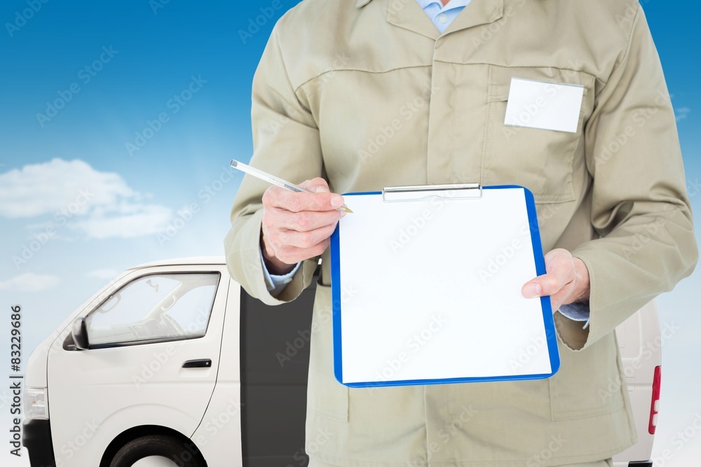 Poster Composite image of delivery man showing blank paper on clipboard