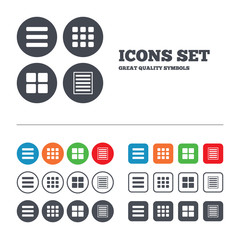 List menu icons. Content view options.