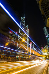 Fototapeta na wymiar Hong Kong Business District at Night with Light Track