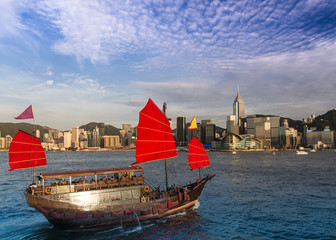 Junkboat in Victoria harbour of Hong Kong