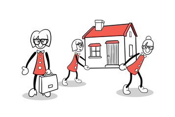 Cute cartoons carrying a house