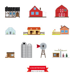 Countryside Buildings Vector Set. 10 flat design icons