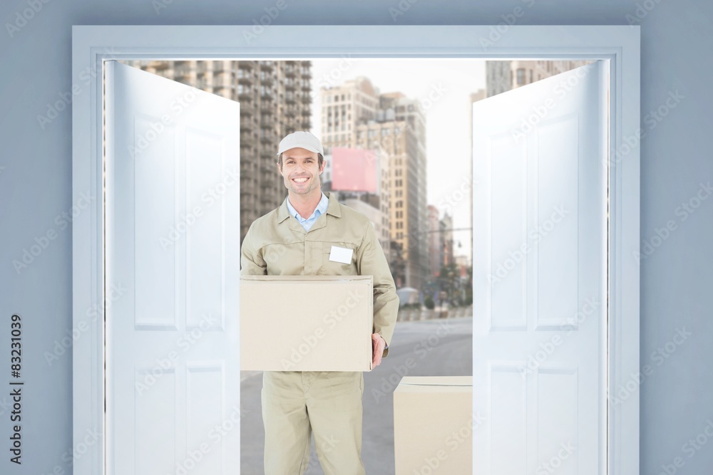 Poster composite image of happy delivery man carrying cardboard box