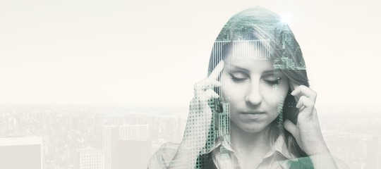 Composite image of businesswoman with headache