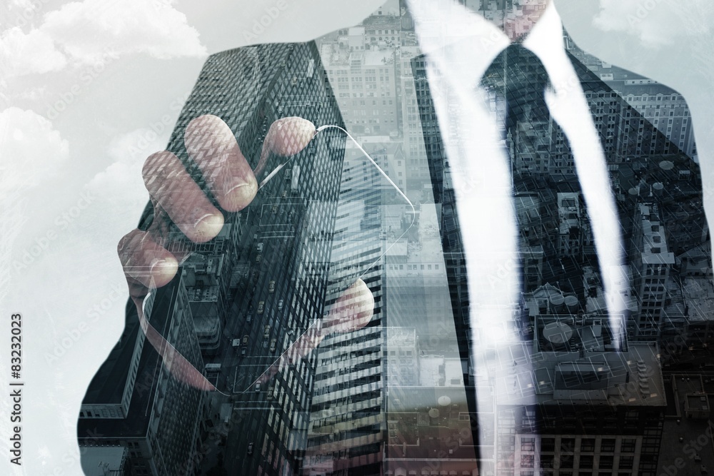 Poster composite image of businessman showing his smartphone screen