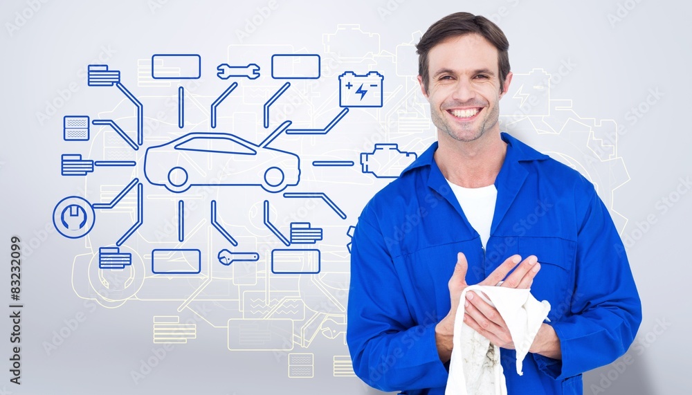 Poster composite image of confident mechanic wiping hand with napkin