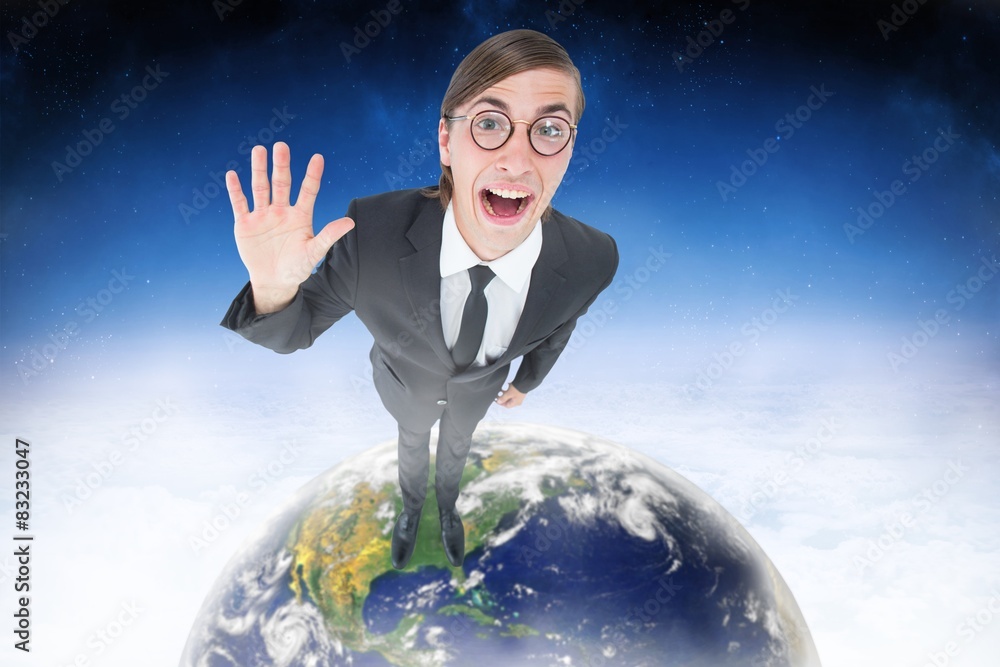 Aufkleber composite image of geeky businessman waving at camera