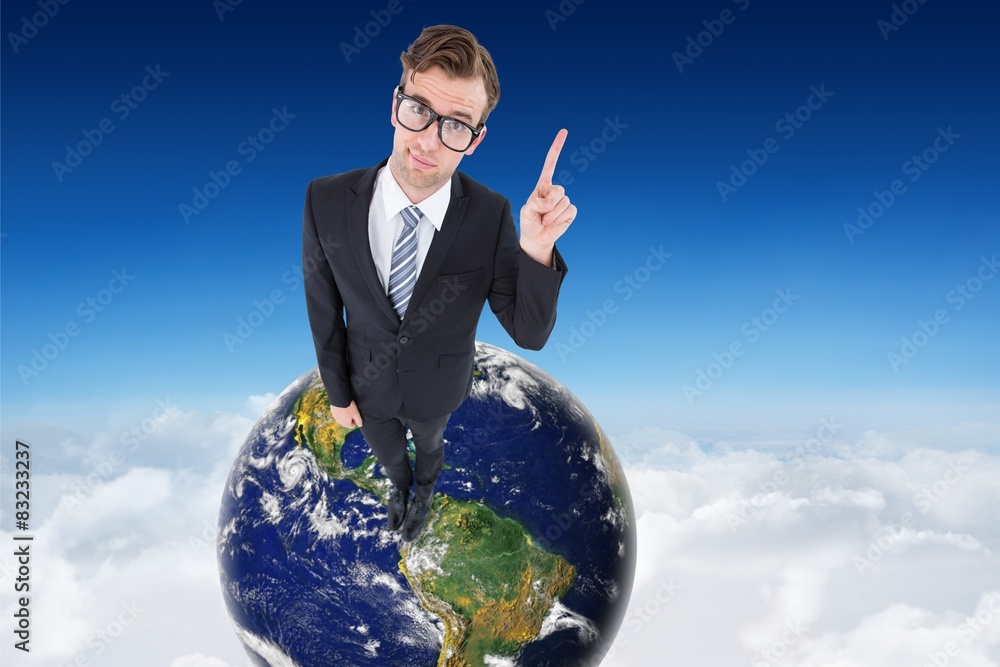 Poster composite image of geeky hipster businessman with finger up