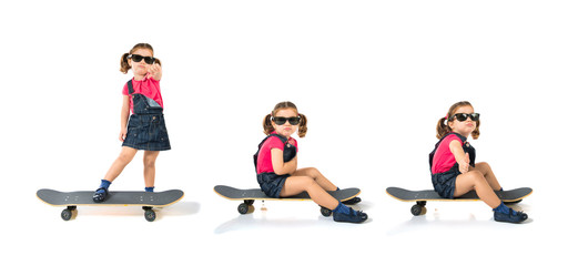 Blonde kid with skate over white background