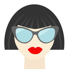 Fashion brunet woman face red lips, sunglasses, neck Flat 