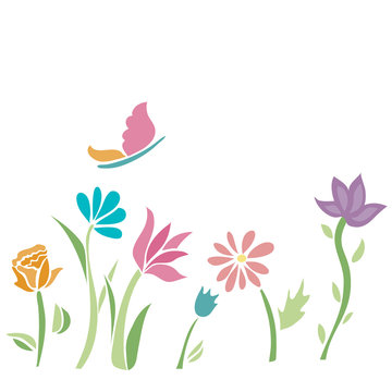 Spring flower with butterfly. Colourful Field. Vector.