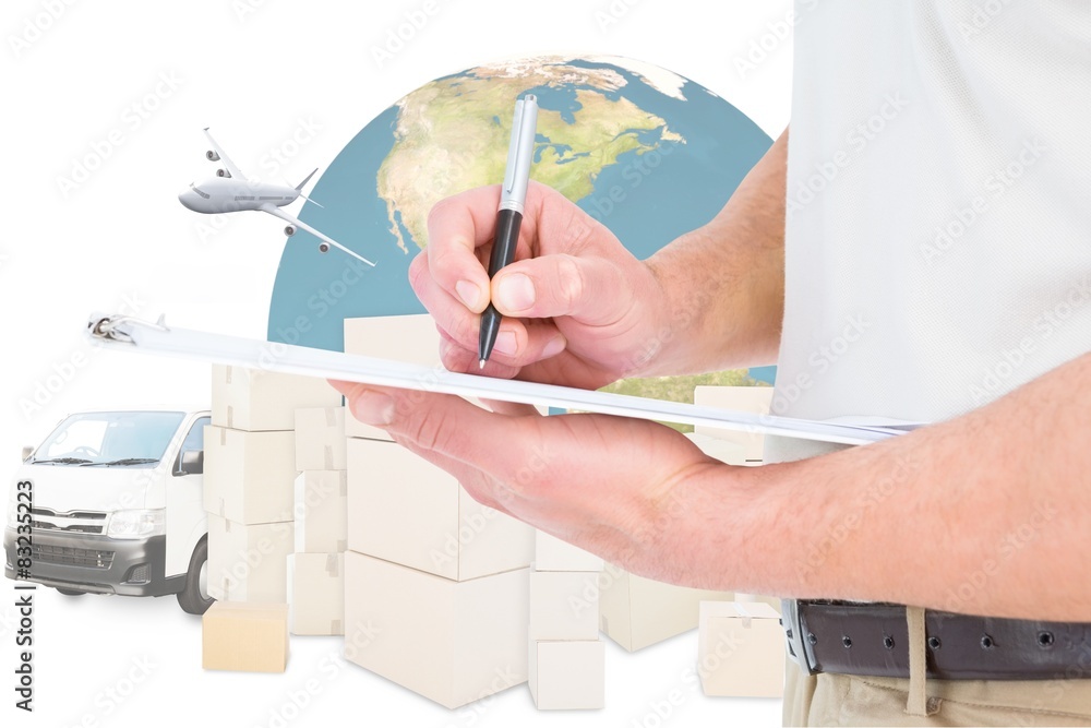 Poster composite image of delivery man writing on clipboard