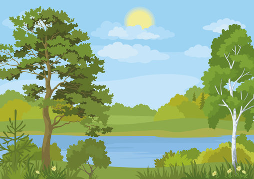 Landscape with Trees, Lake and Sun