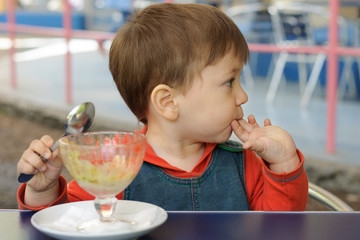 Little boy has eaten all the ice cream