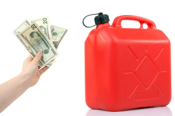  canister of gasoline and dollars in isolated