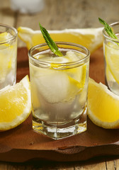 Refreshing cocktail with lemon and ice, selective focus