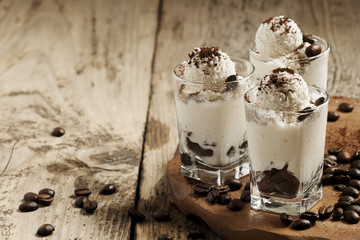 Tasty dessert with ice cream, chocolate and coffee, selective fo