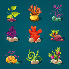 Obraz na płótnie Canvas Set of Cartoon Algae, Elements for Aquarium Decoration.