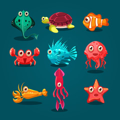 Naklejka premium Cute Sea Life Creatures Cartoon Animals Set