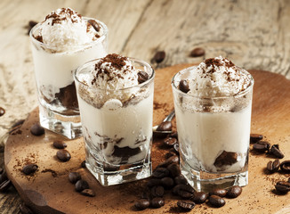 Tasty dessert with ice cream, chocolate and coffee, selective fo