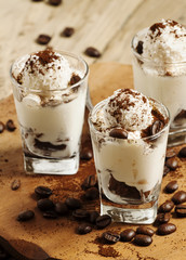 Tasty dessert with ice cream, chocolate and coffee, selective fo