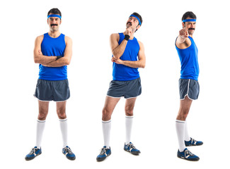 Crazy runner thinking over white background